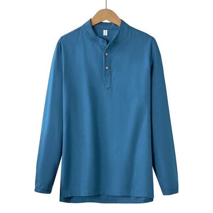 Herren nan langärmeliges Henley-Shirt mit Stehkragen und verdeckter Knopfleiste aus Baumwollmix Drune