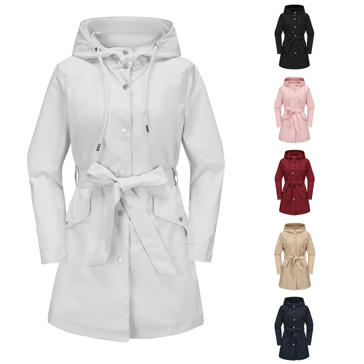 Damen wasserfeste Übergangsjacke mit verstellbarem Kapuzenkragen und Taillengürtel Drune