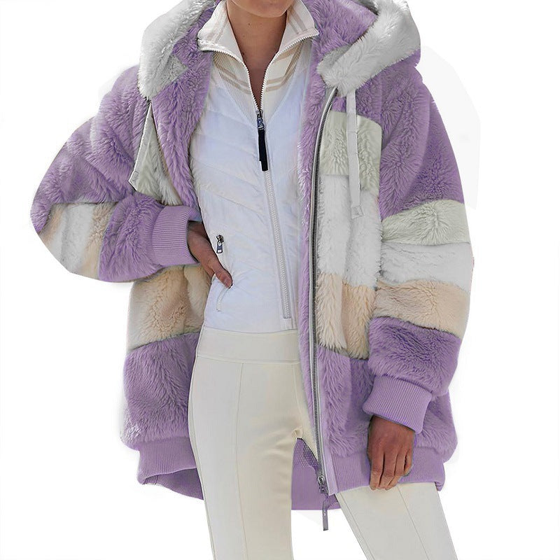 Damen nan oversized Kunstfell-Patchwork Kapuzenjacke mit Rippbündchen und Zweiwege-Reißverschluss Drune