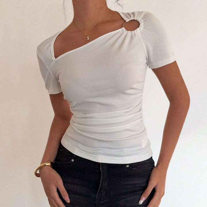 Damen modisches Kurzarmshirt mit asymmetrischem Ausschnitt und Raffung Drune