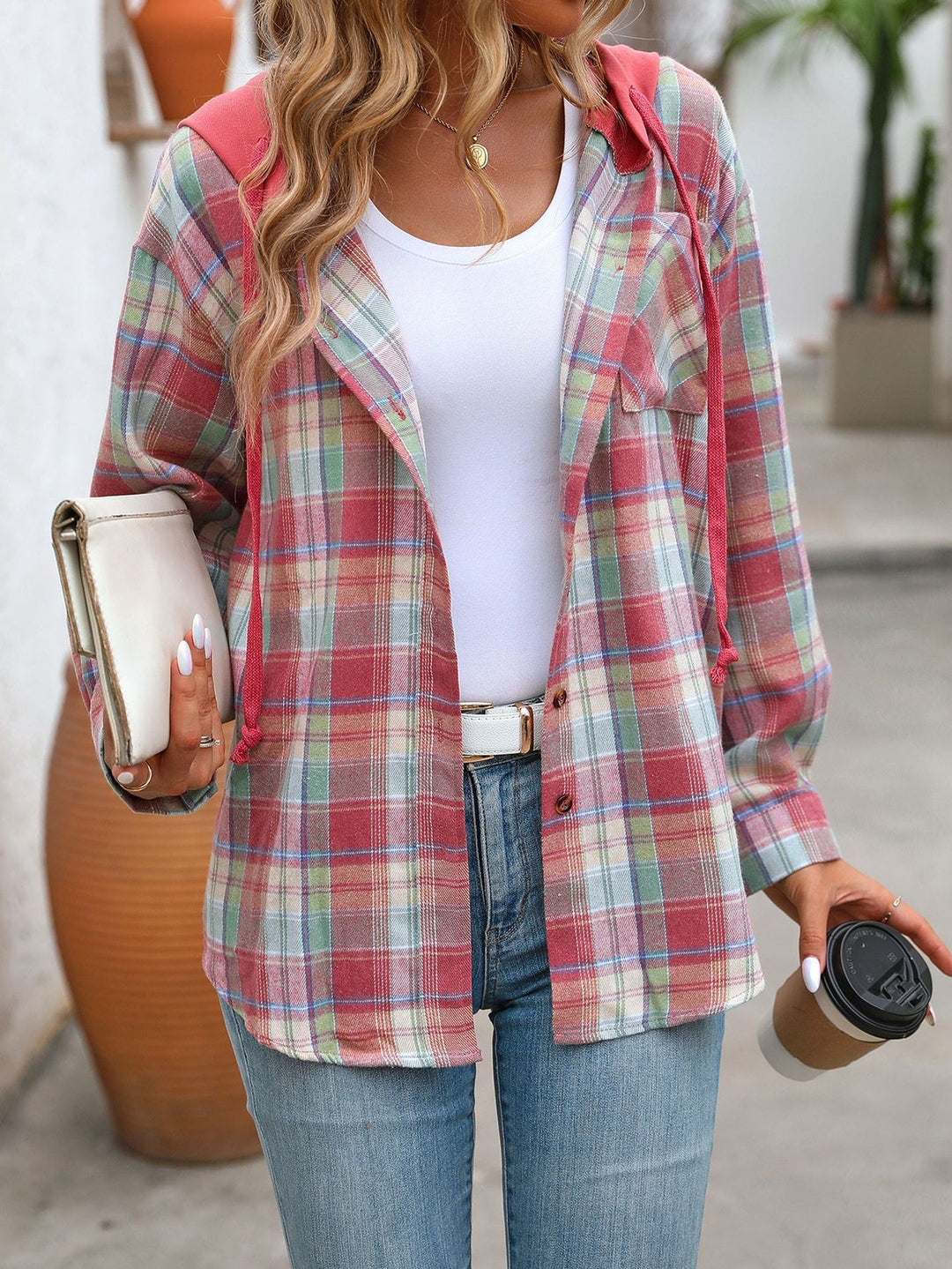 Damen lässige Flanelljacke mit Kapuze Drune