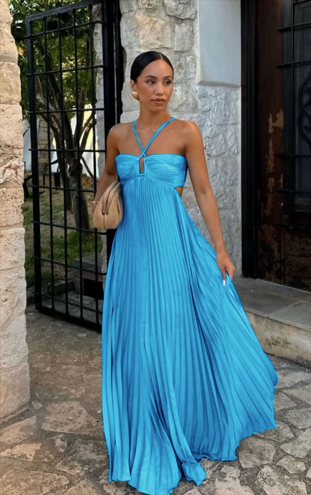 Damen Plisseekleid mit schulterfreiem Design und raffinierten Trägerdetails Drune