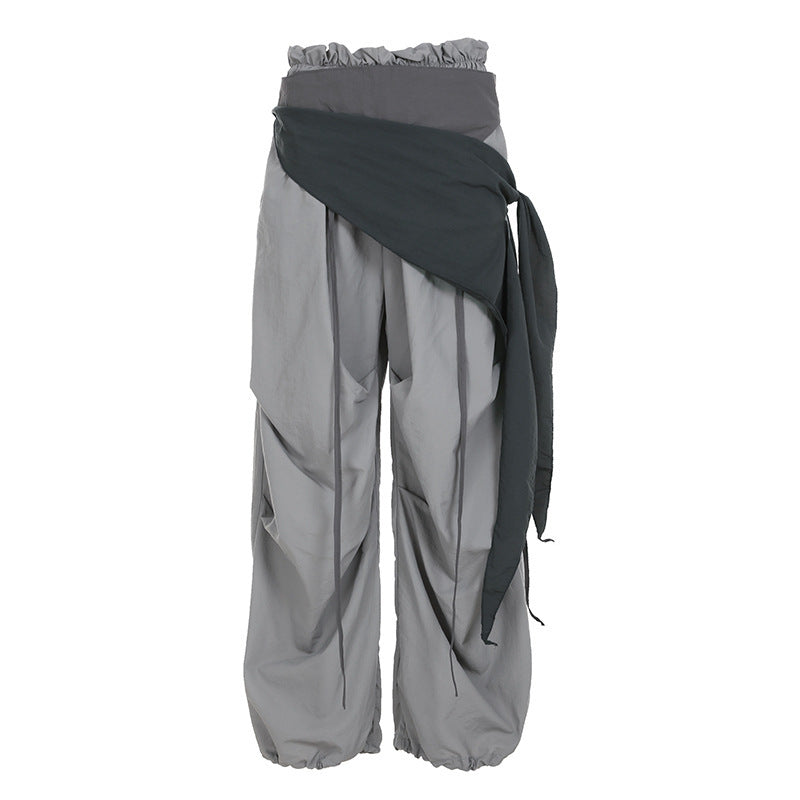 Damen modische High-Waist-Hose mit asymmetrischem Design und seitlichem Bindegurt Drune
