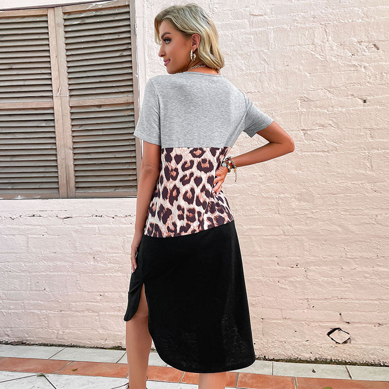 Damen lässiges Leoprint Kleid mit kurzen Ärmeln und hohem Schnitt Drune
