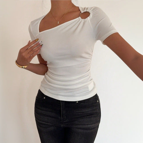 Damen modisches Kurzarmshirt mit asymmetrischem Ausschnitt und Raffung Drune