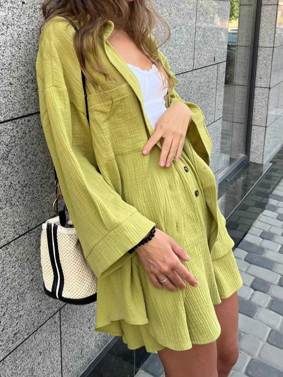 Damen nan lässiges Musselin-Zweiteiler Set mit Oversize-Hemd und elastischer Highwaist-Shorts Drune