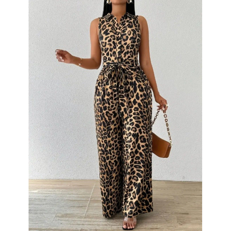 Damen Jumpsuit mit Leopardenmuster und Taillengürtel Drune
