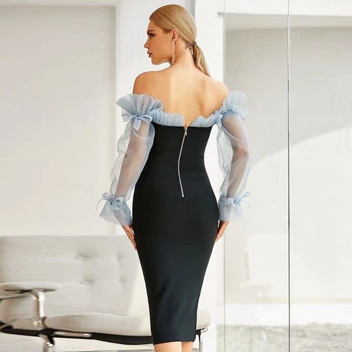 Damen Elegantes Kleid mit transparenten Puffärmeln Drune