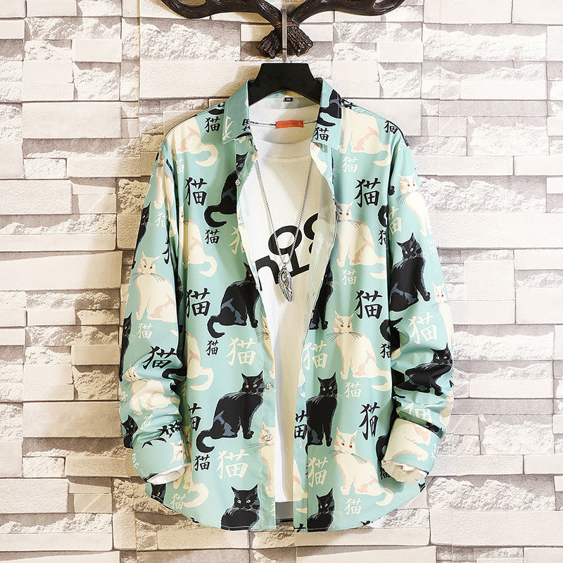 Herren nan langärmliges Hemd mit offenem Reverskragen, kontrastivem Blumenprint und lässiger Regular-Fit Silhouette Drune