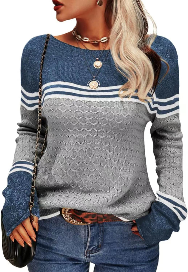 Damen lässiger Strickpullover mit kontrastierenden Farbblöcken und einzigartiger Textur Drune