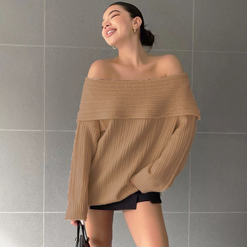 Damen Off-Shoulder Strickpullover mit Rippstruktur und weit geschnittenen Ärmeln Drune