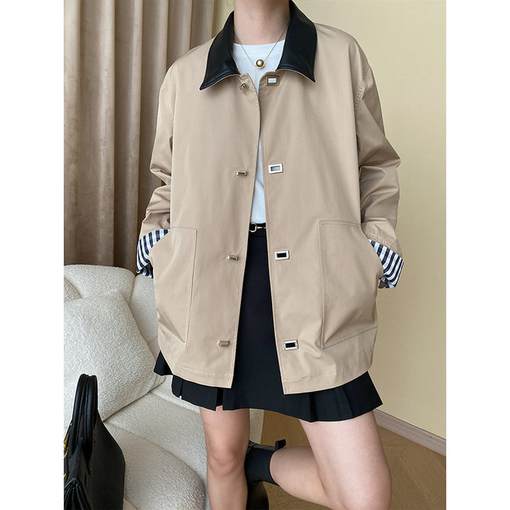 Damen vielseitige Übergangsjacke mit schickem Lederkragen Drune