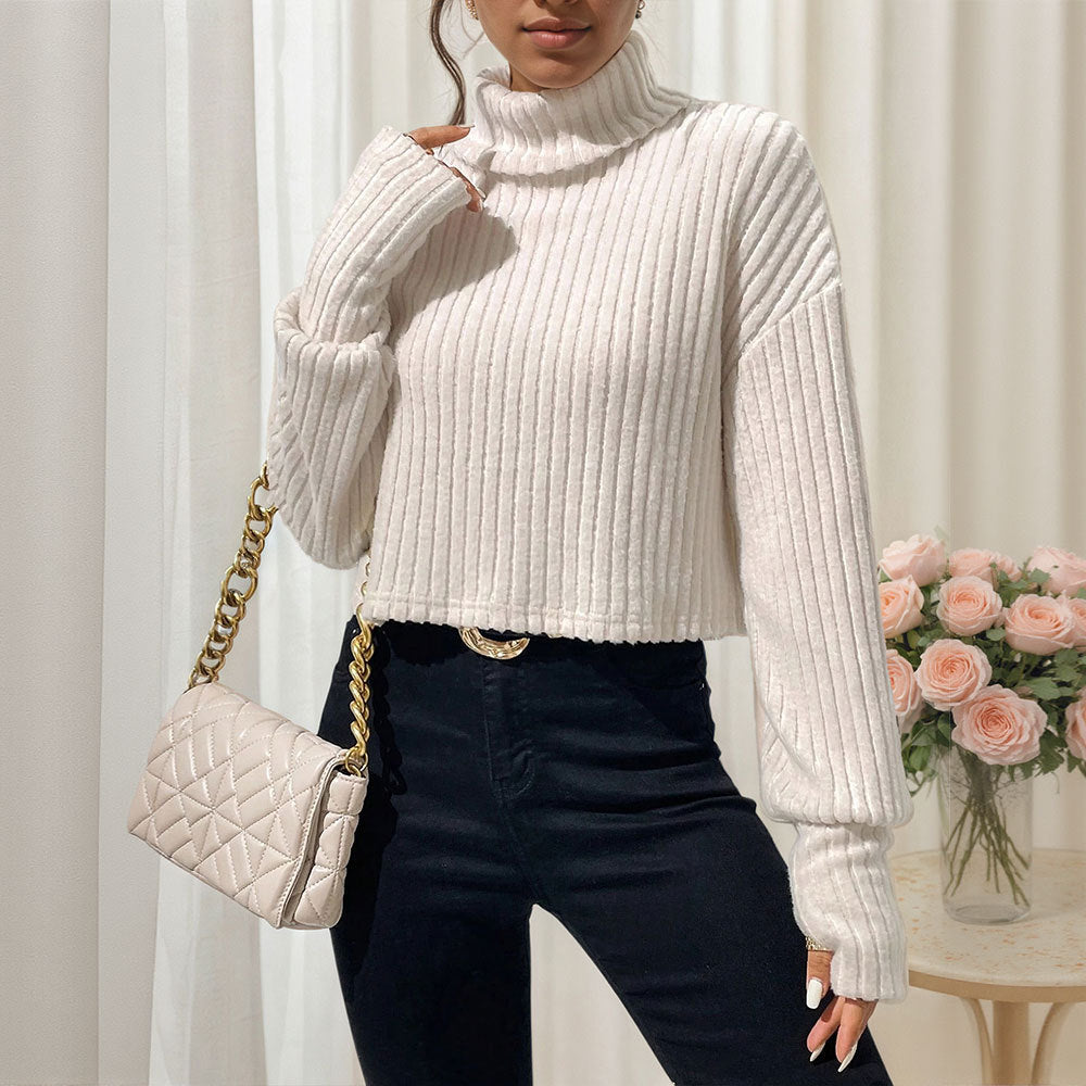 Damen cropped Pullover mit hohem Kragen und feiner Rippstruktur Drune