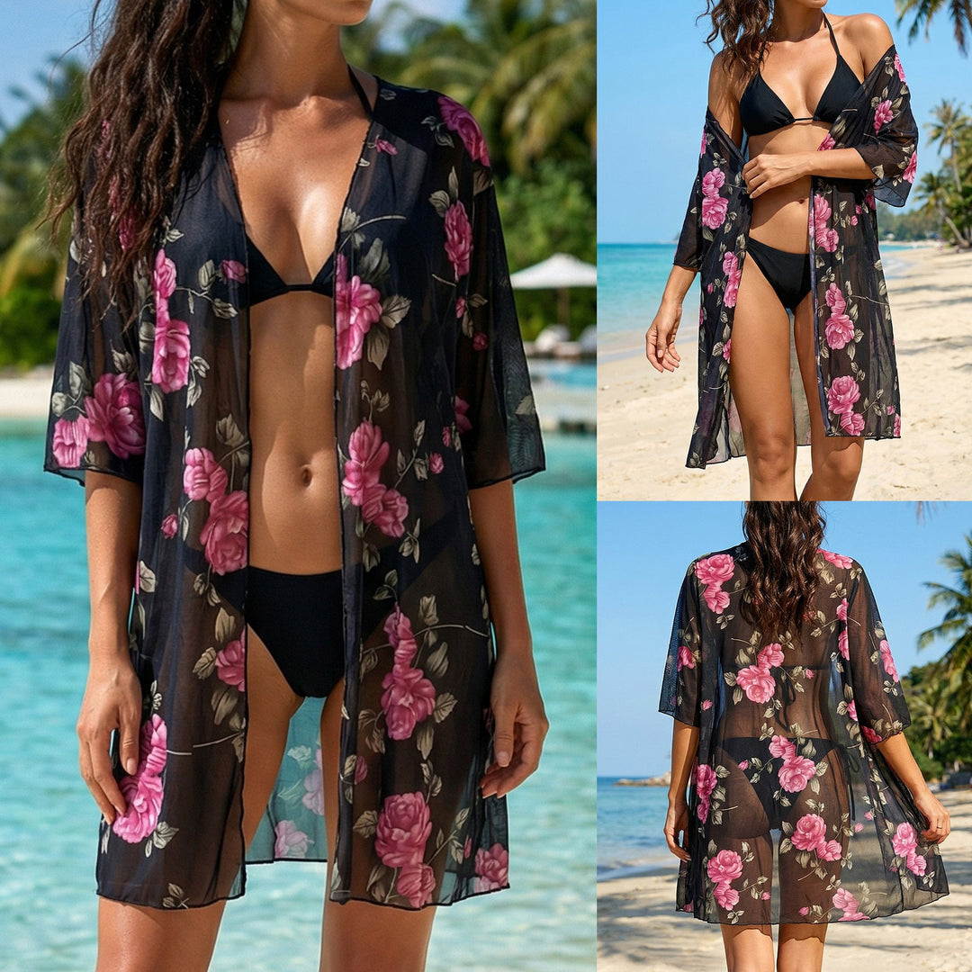 Damen eleganter transparenter Strandüberwurf mit floralem Design Drune