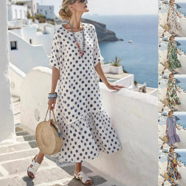 Damen Sommermaxikleid mit grafischem Muster und voluminösem Saum Drune