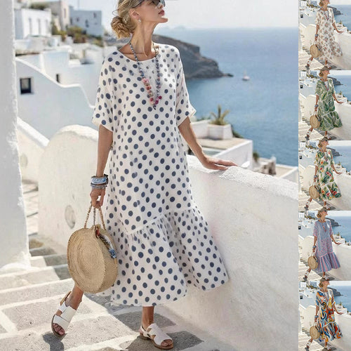 Damen Sommermaxikleid mit grafischem Muster und voluminösem Saum Drune