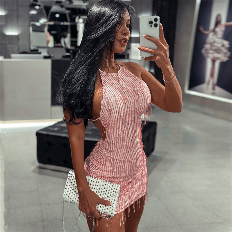 Damen Elegantes Abendkleid mit Pailletten und feinen Fransen Drune
