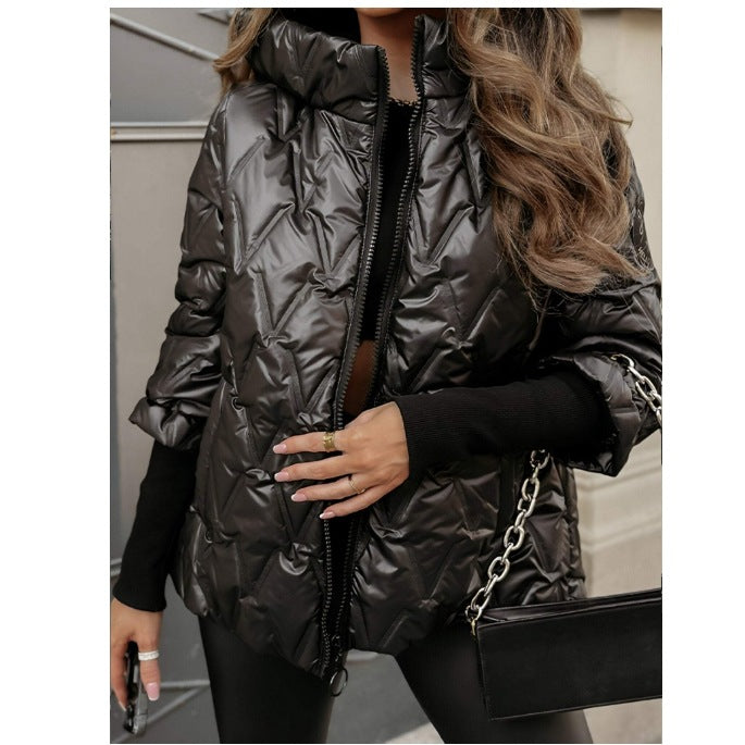 Damen nan kurze gesteppte Wattierte Steppjacke mit Hochkragen Wet-Look und Rippbündchen Drune