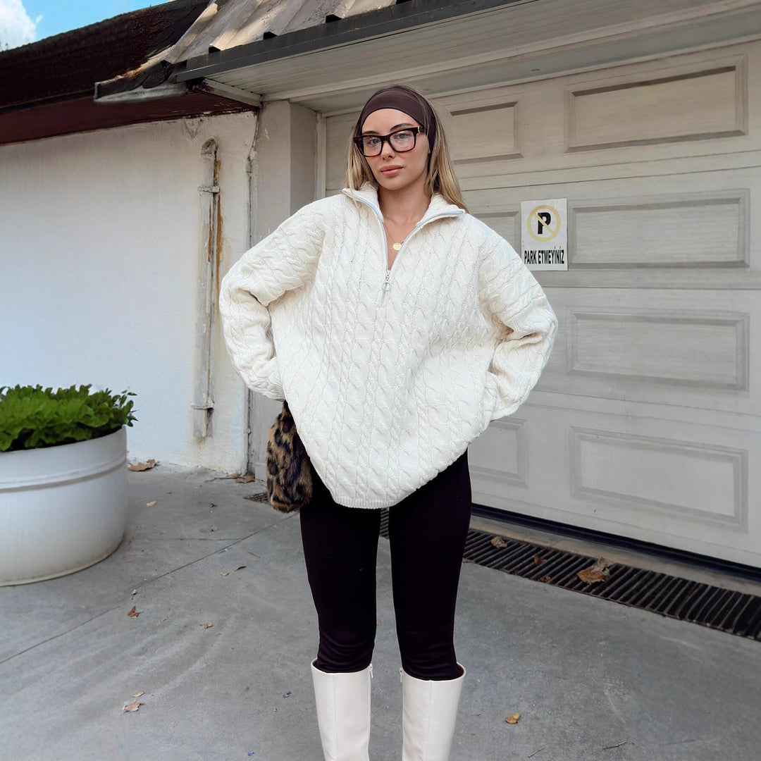 Damen Strickpullover mit halbem Reißverschluss und Zopfmuster Drune