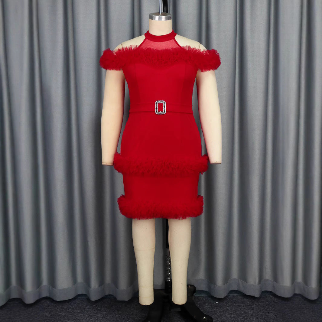 Damen glamouröses Abendkleid mit Rüschenrand und Glitzer-Gürtel Drune