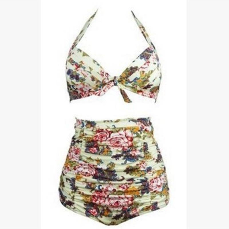 Damen Hoch tailliertes Bikini-Set mit floralem Design und Raffungen Drune