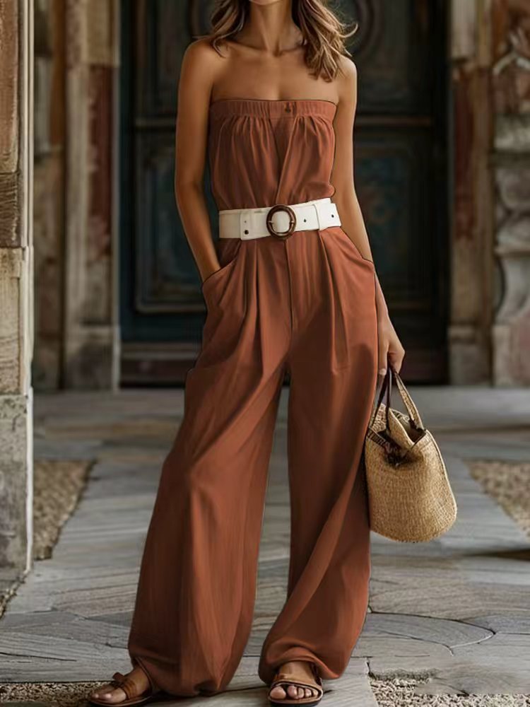 Damen Lässiger Jumpsuit mit Gürtel und weitem Bein Drune