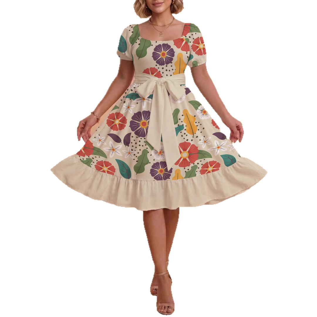 Damen Midi Kleid mit elegantem Blumendruck und tailliertem Gürtel Drune
