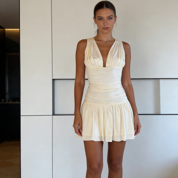 Damen Figurnahes Sommerkleid mit gerafftem Oberteil und voluminösem Rock Drune