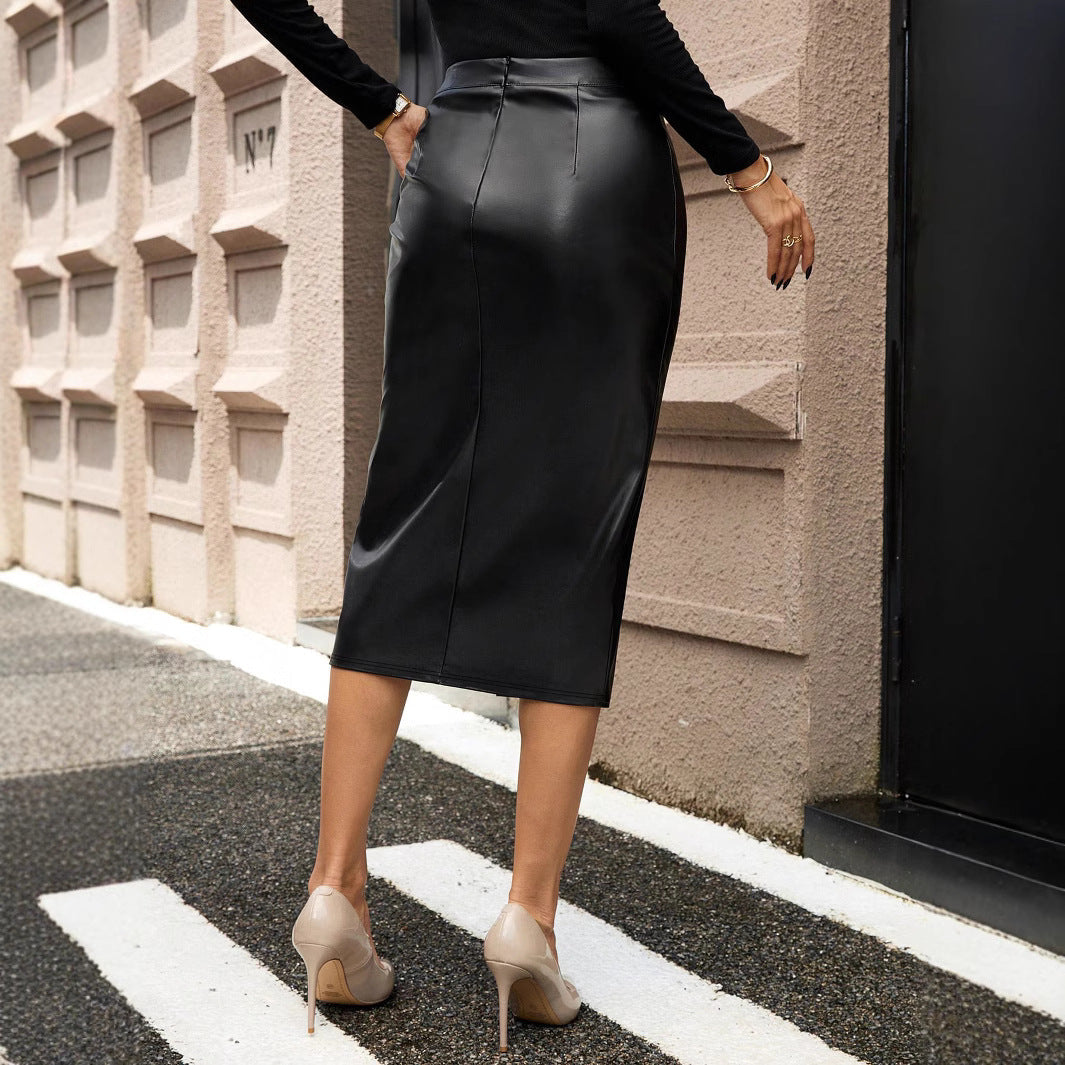 Damen Eleganter Kunstleder-Midirock mit hohen Schlitz Drune