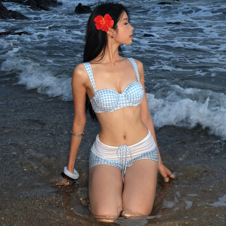 Damen Bademode-Set mit kariertem Oberteil und hohen Bundshorts Drune
