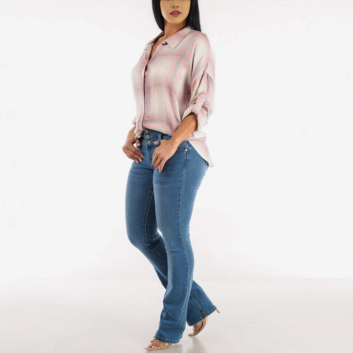Damen High-Waist Bootcut Jeans mit Knopfdetails Drune