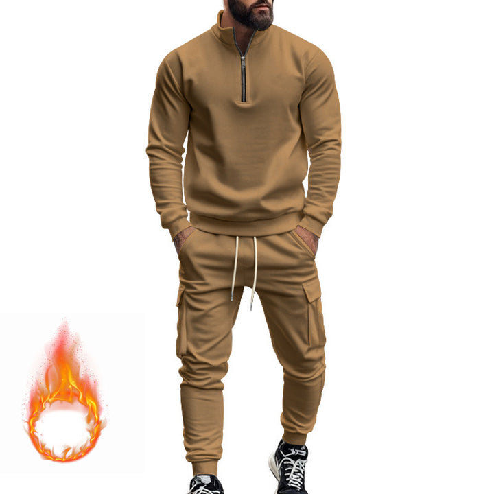 Herren nan Strick-Trainingsset mit halbem Reißverschluss, Zopfmuster-Pulli und Kordelzug-Jogger Drune