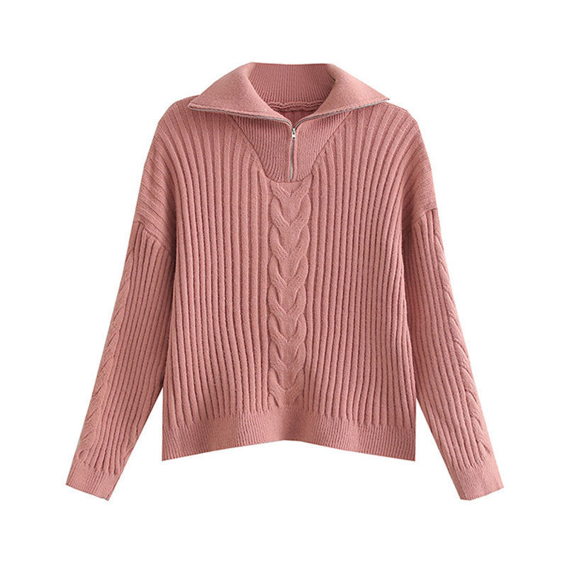 Damen Grobstrickpullover mit Zip-Kragen und Zopf-Design Drune