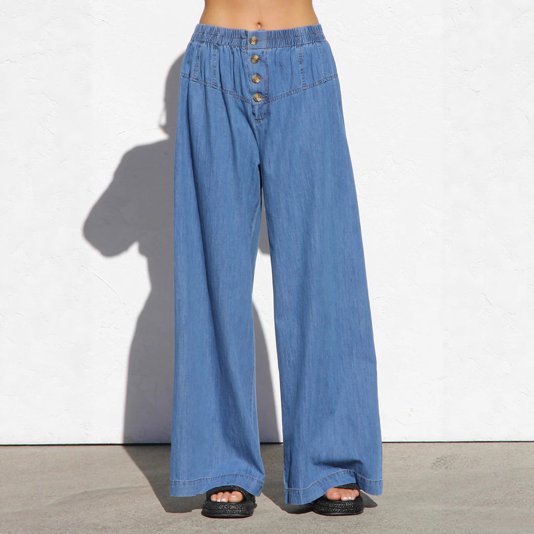 Damen weite Denim-Hotpants mit elastischem Bund und Knopfdetails Drune