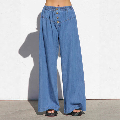 Damen weite Denim-Hotpants mit elastischem Bund und Knopfdetails Drune