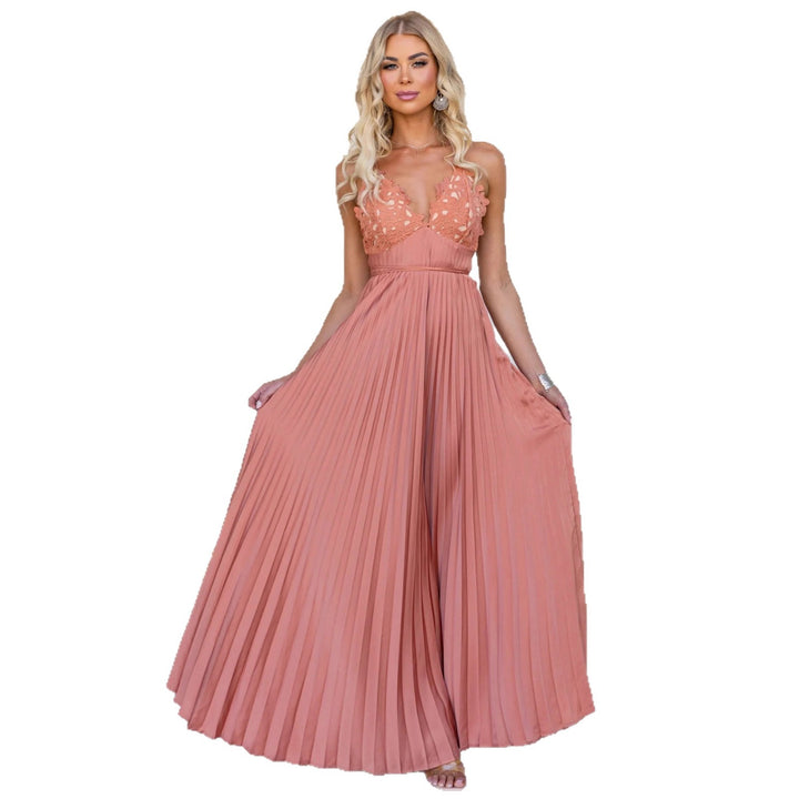 Damen Plissiertes Maxikleid mit verzierten Trägern und elegantem Taillengürtel Drune