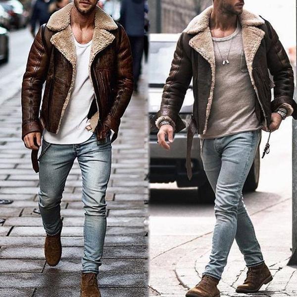 Herren Lammfelljacke mit robustem Reisverschluss und Fleece-Futter Drune