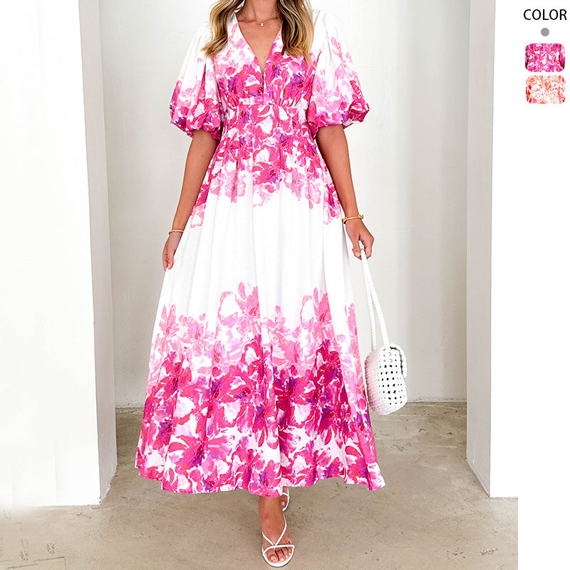 DamenMaxikleid mit voluminösen Puffärmeln und fließendem Schnitt Drune