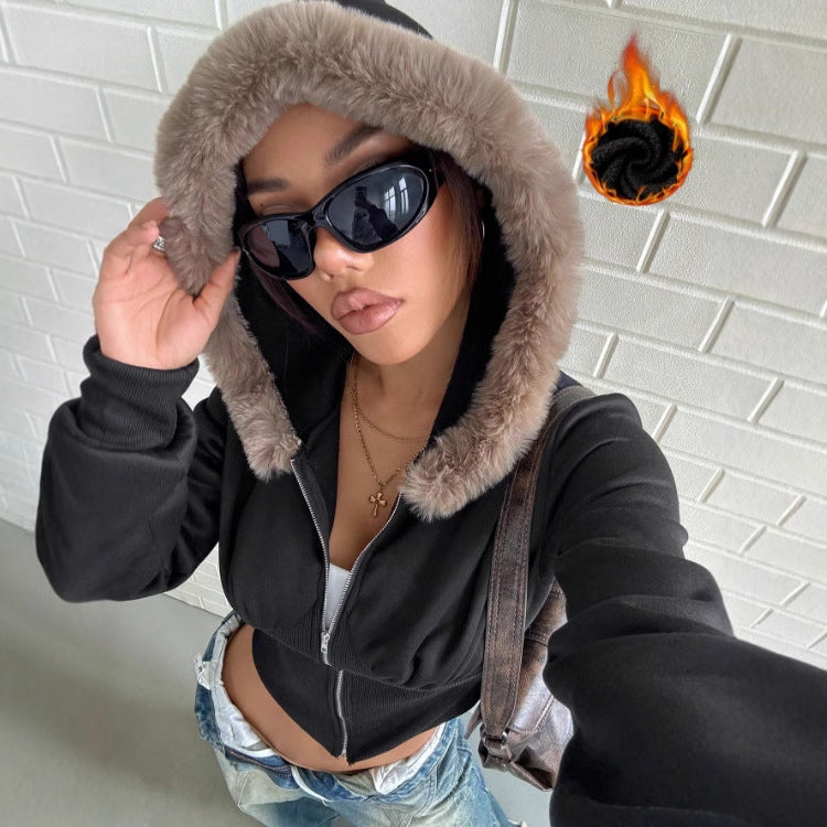 Damen cropped Hoodie mit luxuriösem Fellbesatz Drune