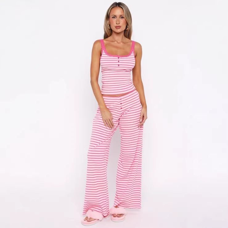 Damen Pyjama-Set mit dekorativen Knopfdetails und Streifenmuster Drune