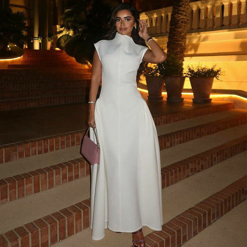 Damen Maxi-Abendkleid mit elegantem Stehkragen und schwingendem Rock Drune