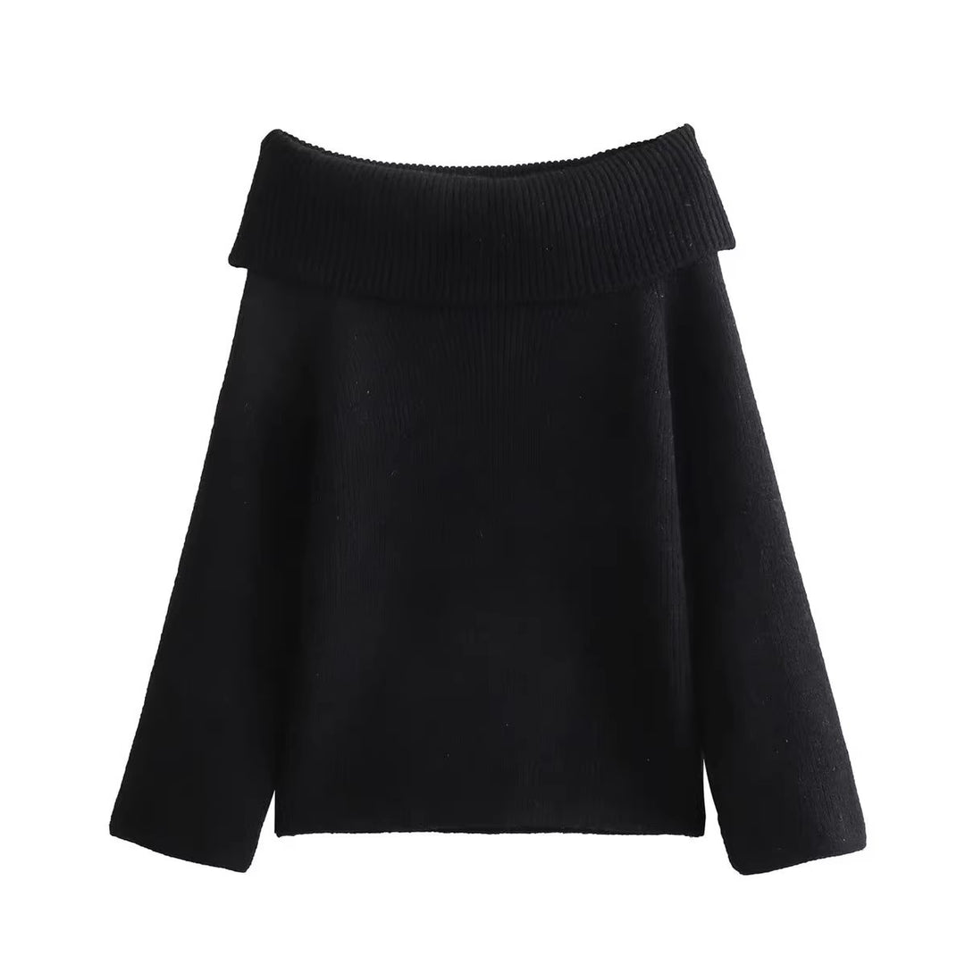 Damen eleganter, hochgeschlossener Strickpullover mit weitem Kragen Drune