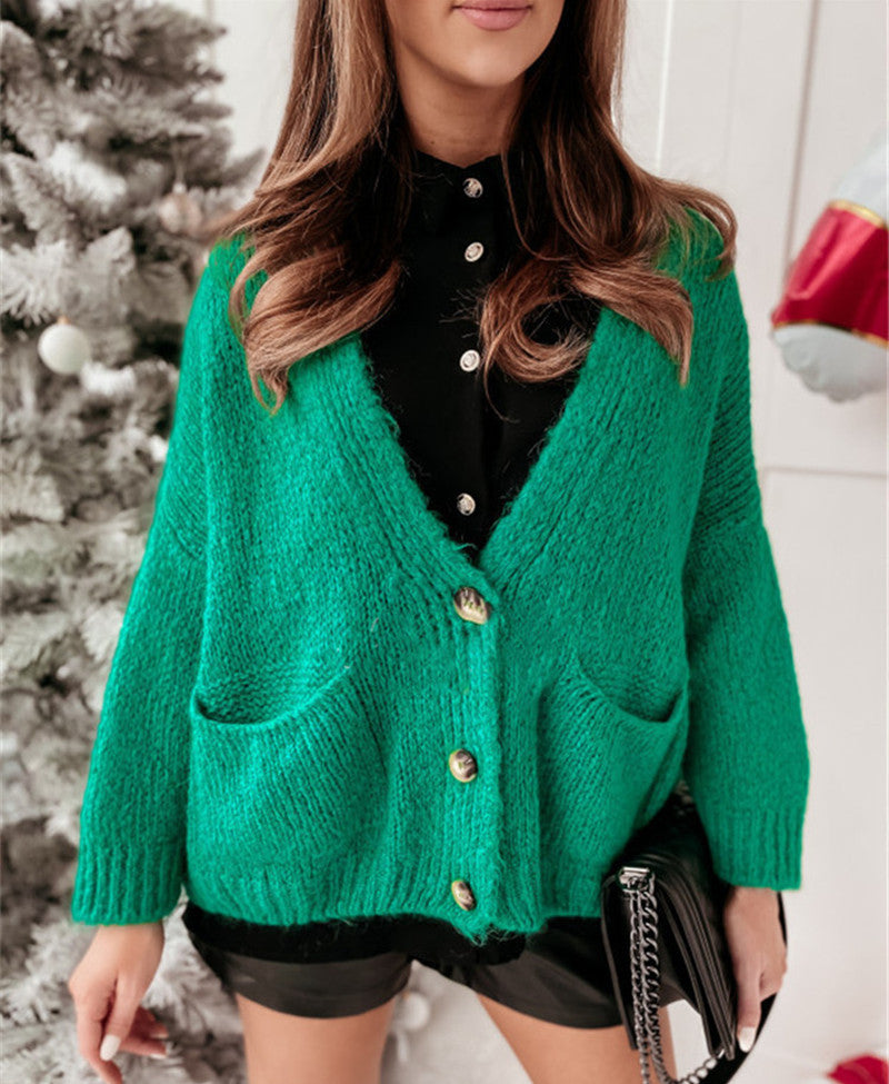 Damen Oversized Strickjacke mit Taschen und Knopfmuster Drune