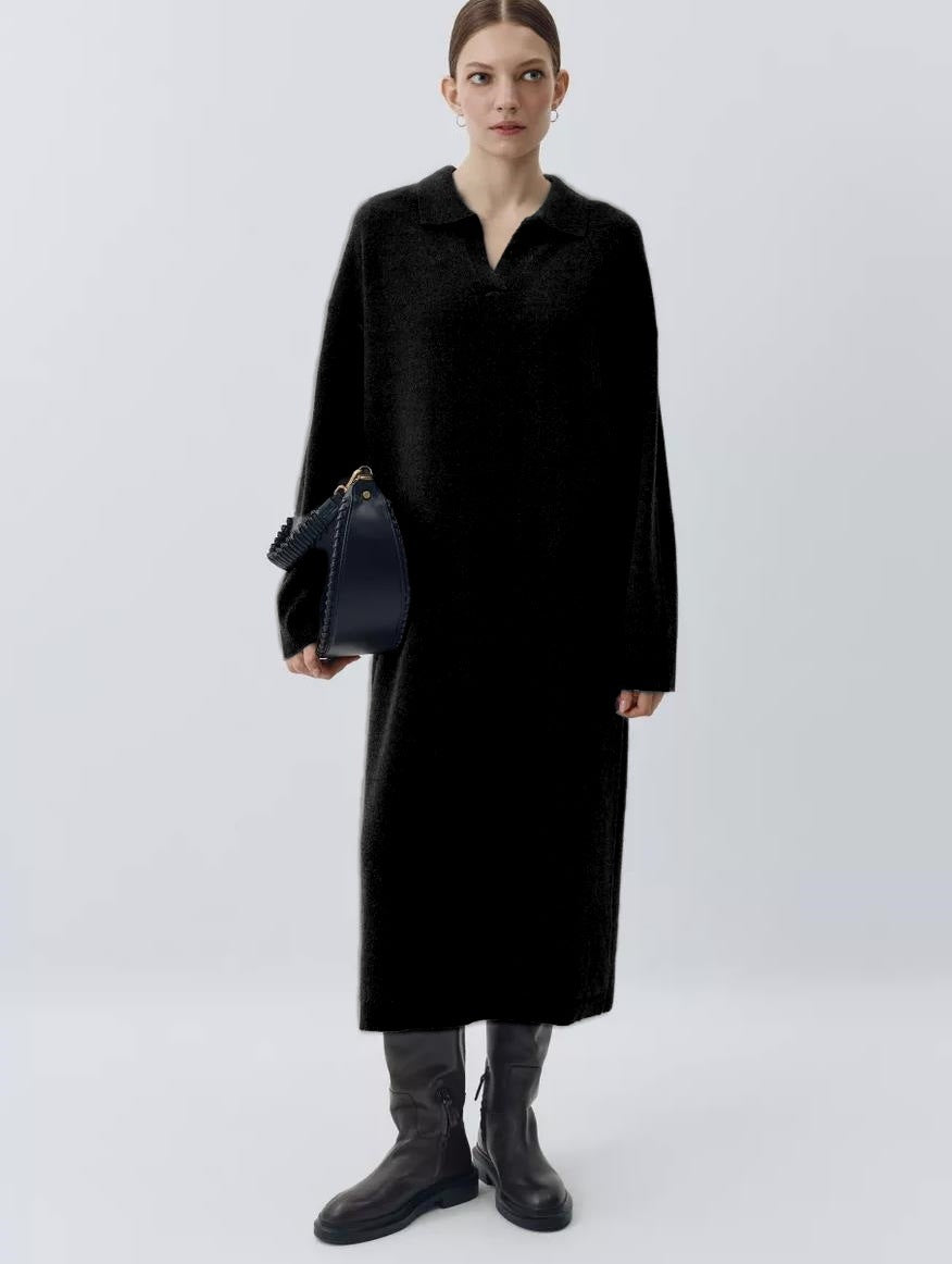 Damen Übergröße Strickkleid mit modernem Polokragen und langen Ärmeln Drune