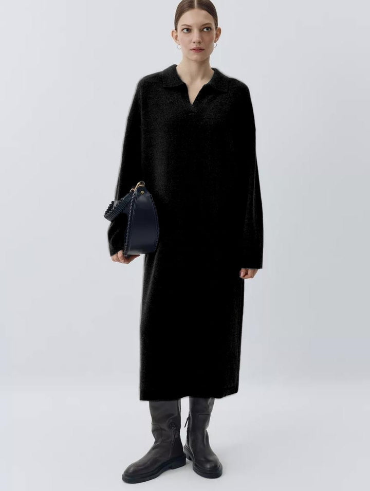 Damen Übergröße Strickkleid mit modernem Polokragen und langen Ärmeln Drune