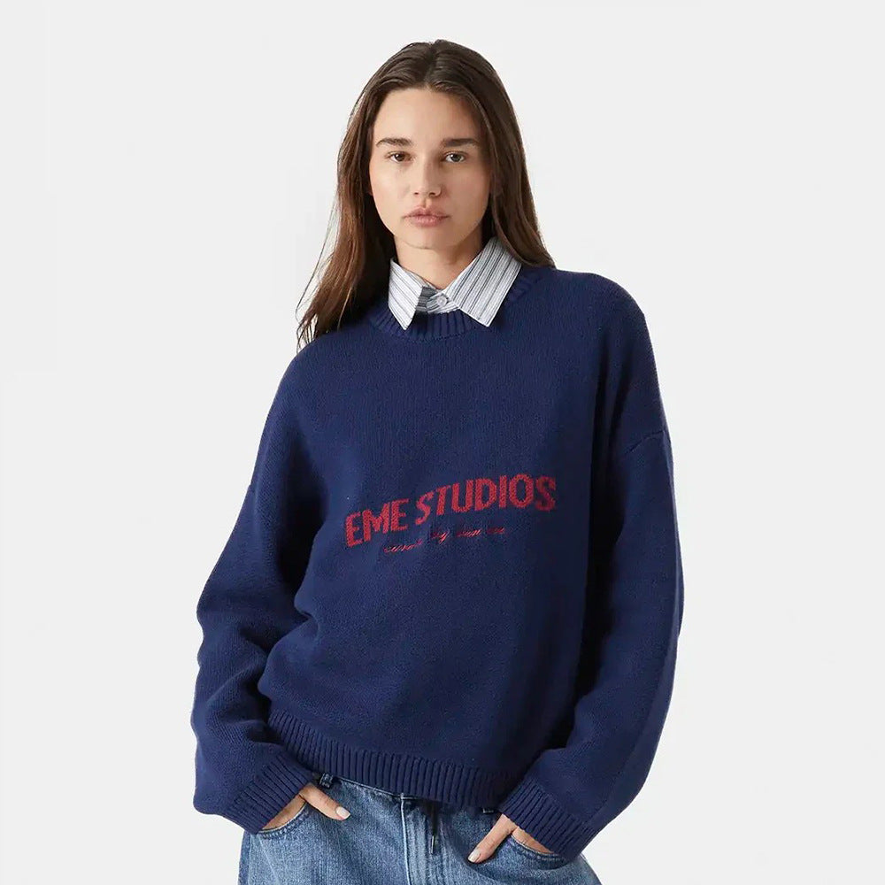 Damen lässiger Pullover aus weichem Strickmaterial mit kontrastierendem Schriftzug Drune