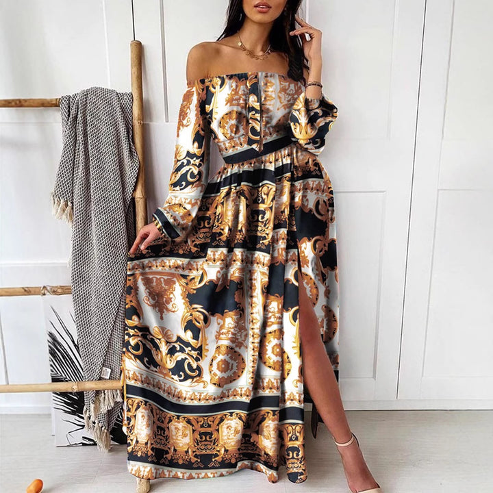 Damen Maxikleid mit schulterfreiem Design und elegantem Print Drune