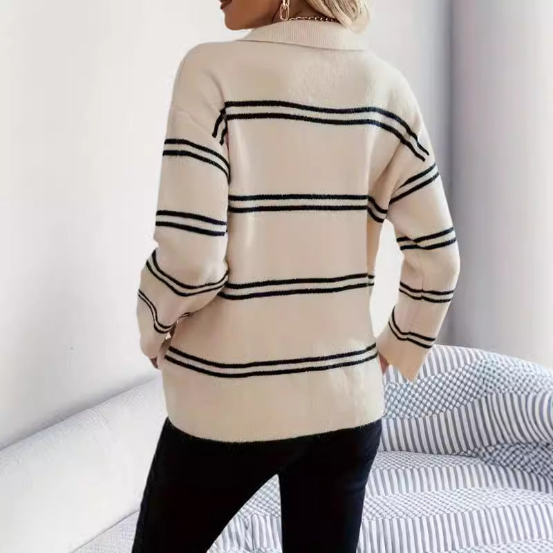 Damen Strickpullover mit V-Ausschnitt und Streifenmuster Drune
