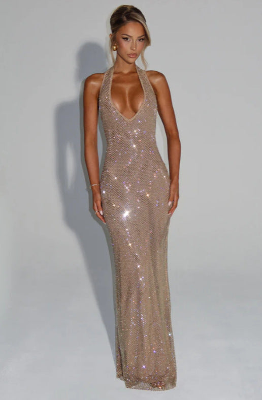 Damen Glitzerndes Abendkleid mit tiefem V-Ausschnitt und figurbetontem Schnitt Drune