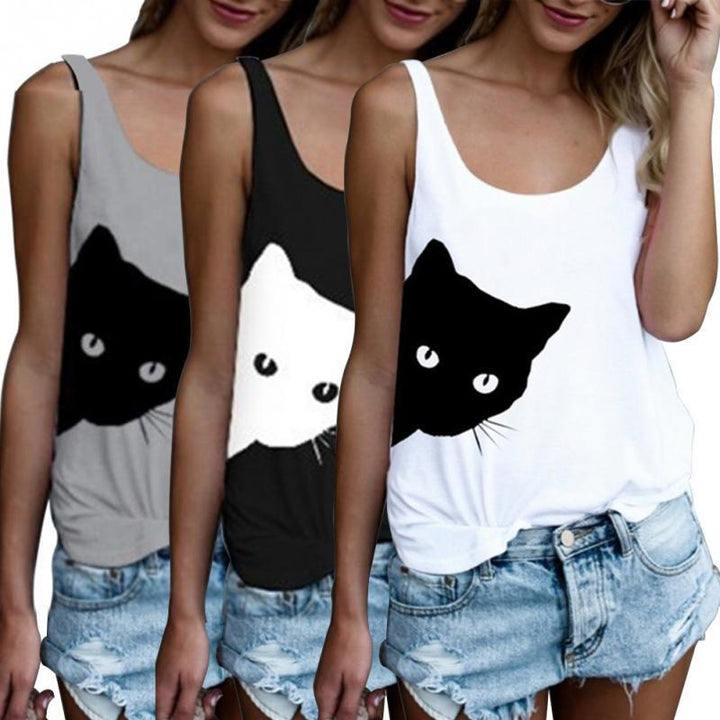 Damen Tanktop mit kreativem Katzenmotiv und lässiger Passform Drune